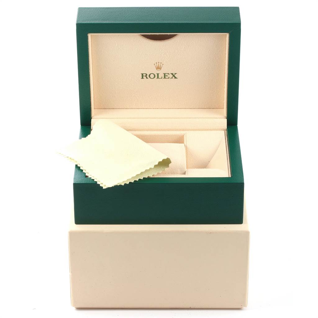 The image shows an open Rolex Daytona 116523 Men's Steel and Gold (two tone) White Dial 116523 Men's Steel and Gold (two tone) White Dial watch box with a cleaning cloth inside, captured from the front angle.