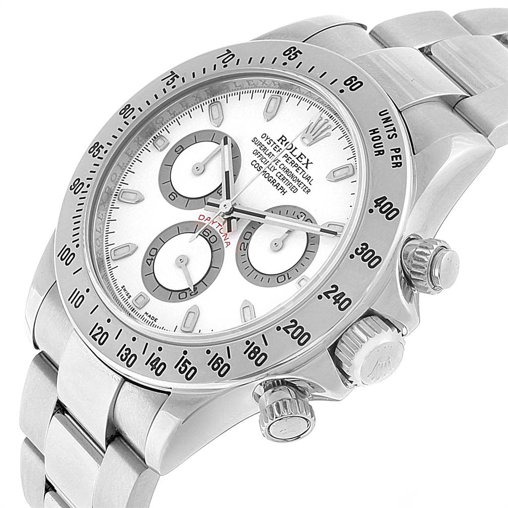 This image displays a Rolex Daytona 116520 Men's Stainless Steel White Dial 116520 Men's Stainless Steel White Dial watch angled to highlight its dial, bezel, pushers, and bracelet.