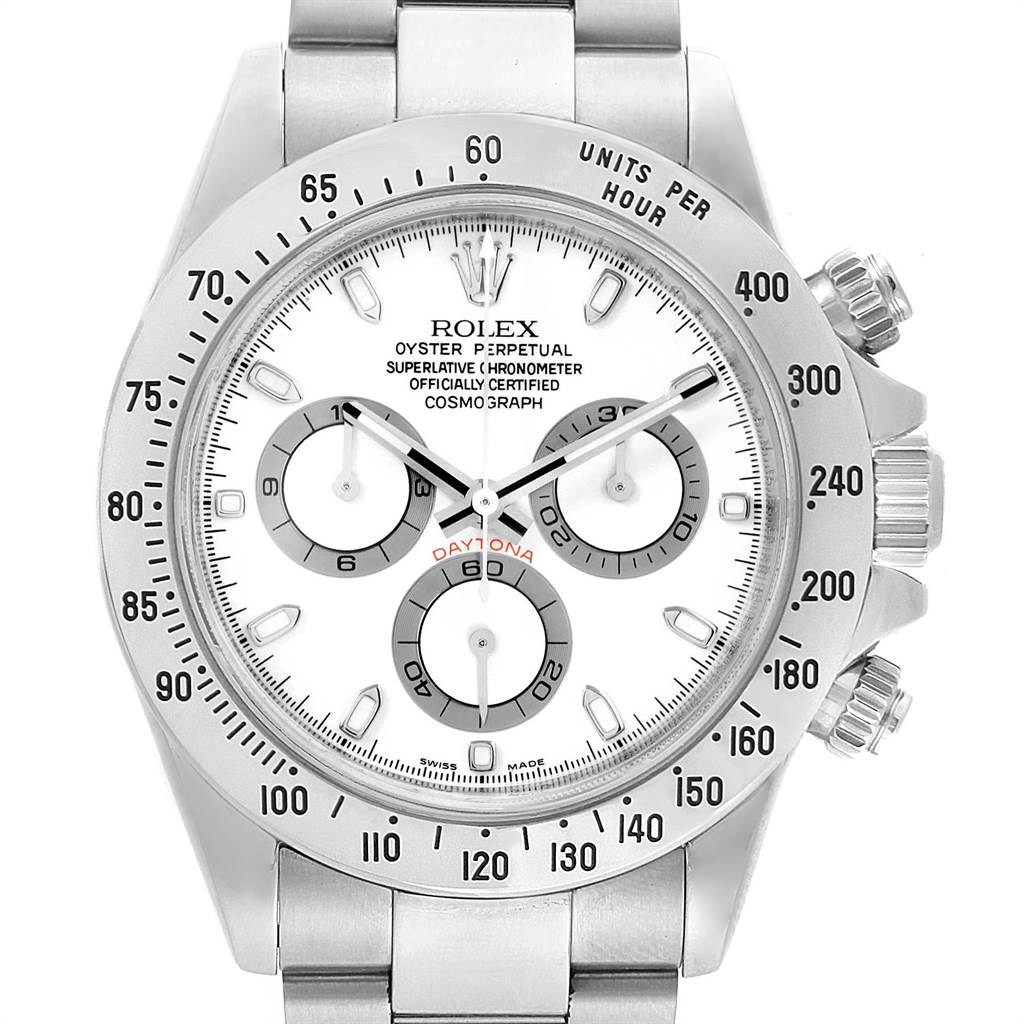This image shows a front view of the Rolex Daytona 116520 Men's Stainless Steel White Dial 116520 Men's Stainless Steel White Dial watch, featuring its white dial, three sub-dials, and stainless steel bracelet.