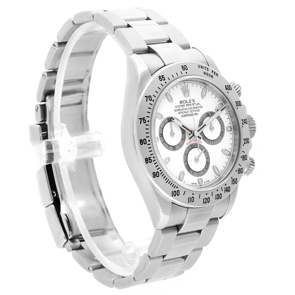 This image shows a side view of a Rolex Daytona 116520 Men's Stainless Steel White Dial 116520 Men's Stainless Steel White Dial watch, highlighting the bezel, crown, pushers, dial, and bracelet.