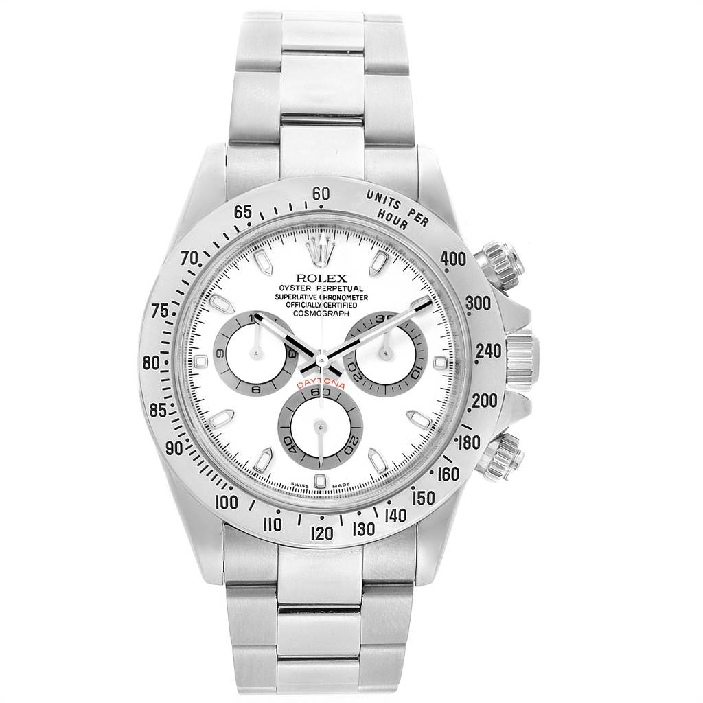 The image shows a frontal view of a Rolex Daytona 116520 Men's Stainless Steel White Dial 116520 Men's Stainless Steel White Dial watch, highlighting the face, bezel, and bracelet.