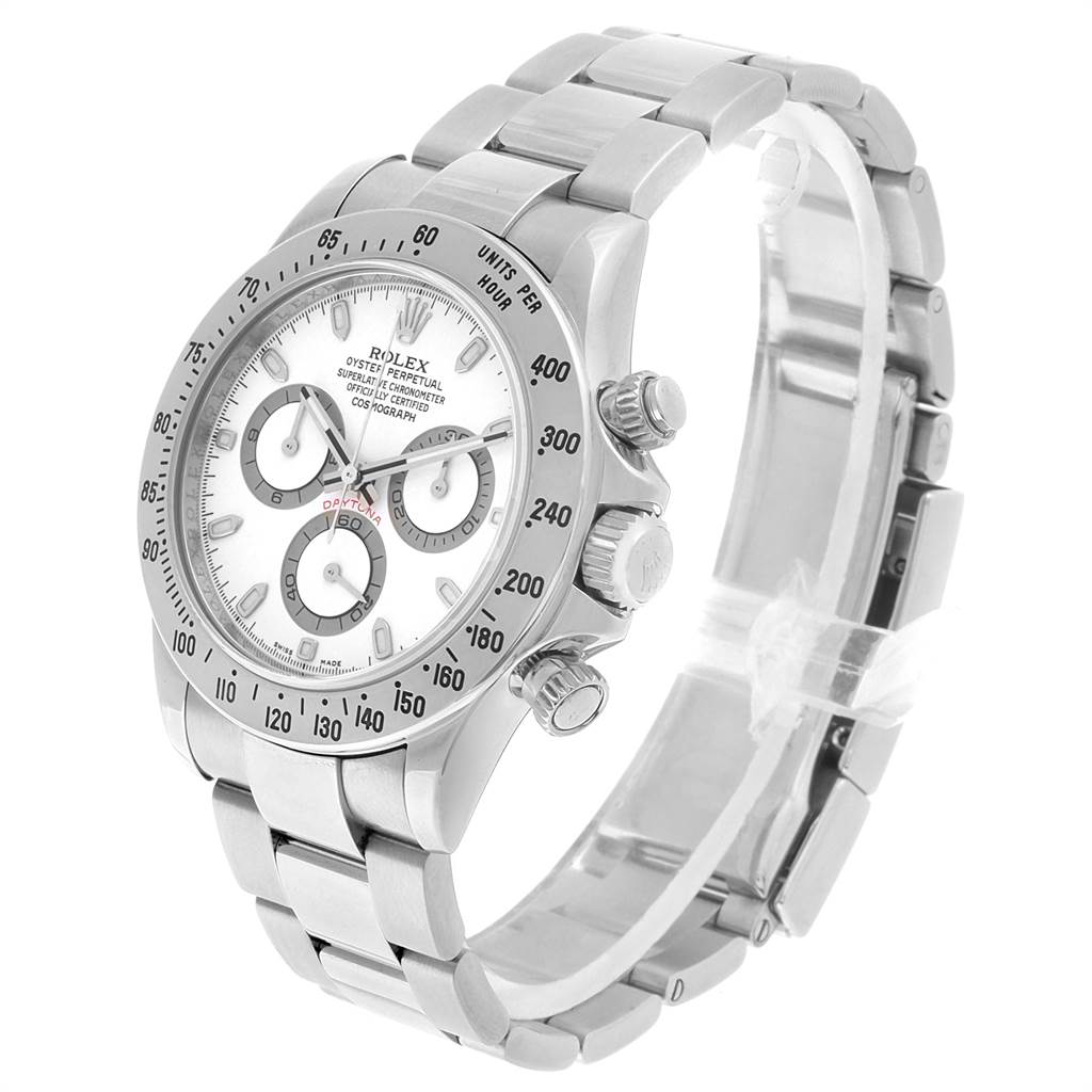 The image shows a Rolex Daytona 116520 Men's Stainless Steel White Dial 116520 Men's Stainless Steel White Dial watch, viewed from a slight angle highlighting its face, bezel, crown, pushers, and metal bracelet.