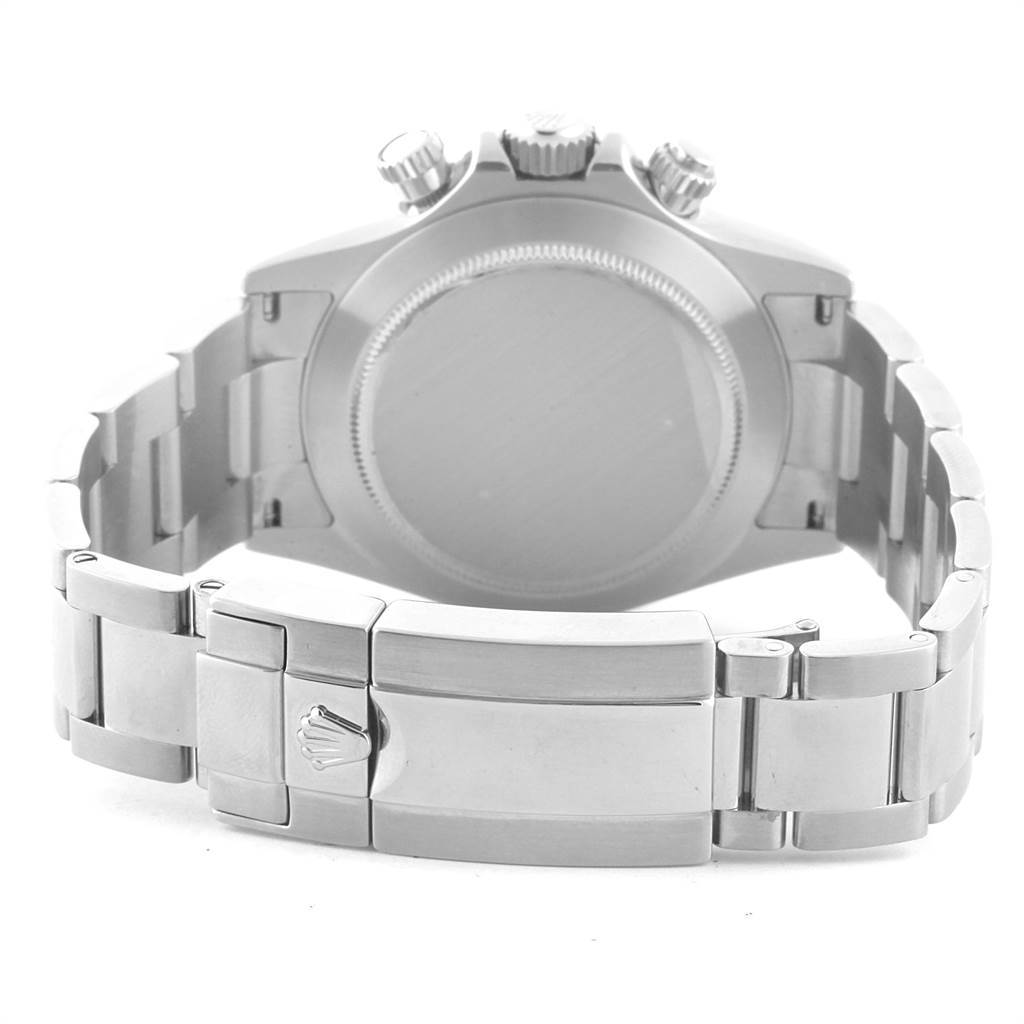 The image shows the back, clasp, and bracelet of a Rolex Daytona 116520 Men's Stainless Steel White Dial 116520 Men's Stainless Steel White Dial watch in a stainless steel finish.