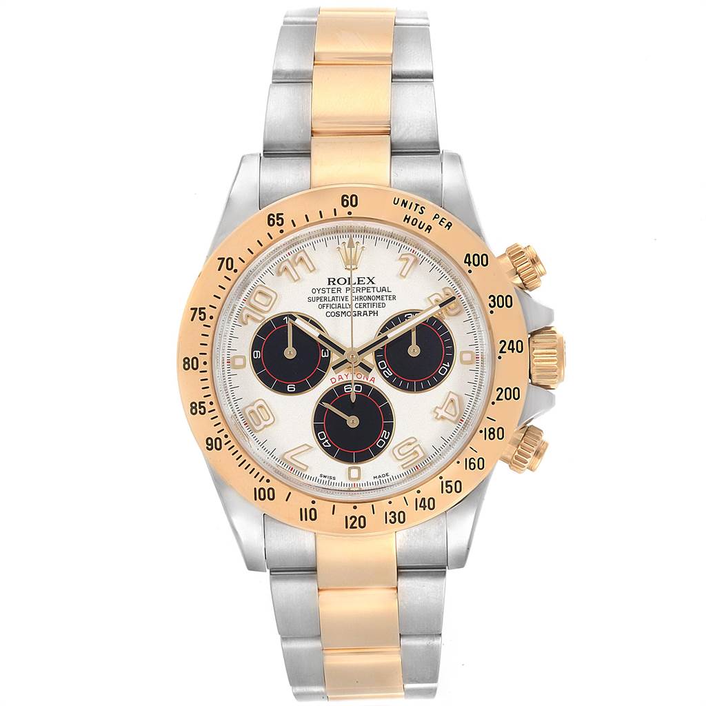 The Rolex Daytona 116523 Men's Steel and Gold (two tone) White Dial 116523 Men's Steel and Gold (two tone) White Dial watch is shown from the front, highlighting its dial, bezel, and bracelet with gold and stainless steel accents.