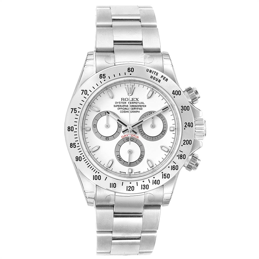 This image shows a front view of a Rolex Daytona 116520 Men's Stainless Steel White Dial 116520 Men's Stainless Steel White Dial watch, displaying its dial, bezel, and bracelet.