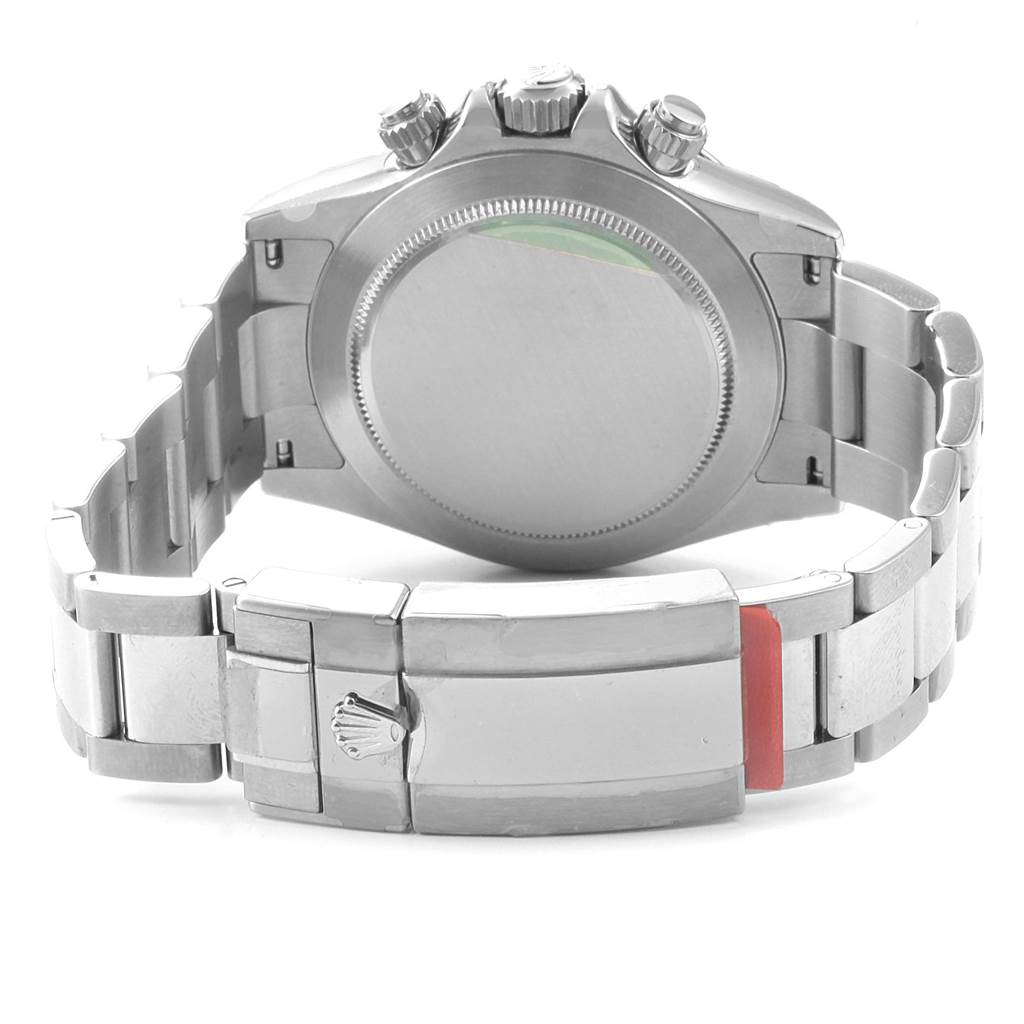 The image shows the back case, crown, pushers, and clasp of a Rolex Daytona 116520 Men's Stainless Steel White Dial 116520 Men's Stainless Steel White Dial watch from a rear angle.