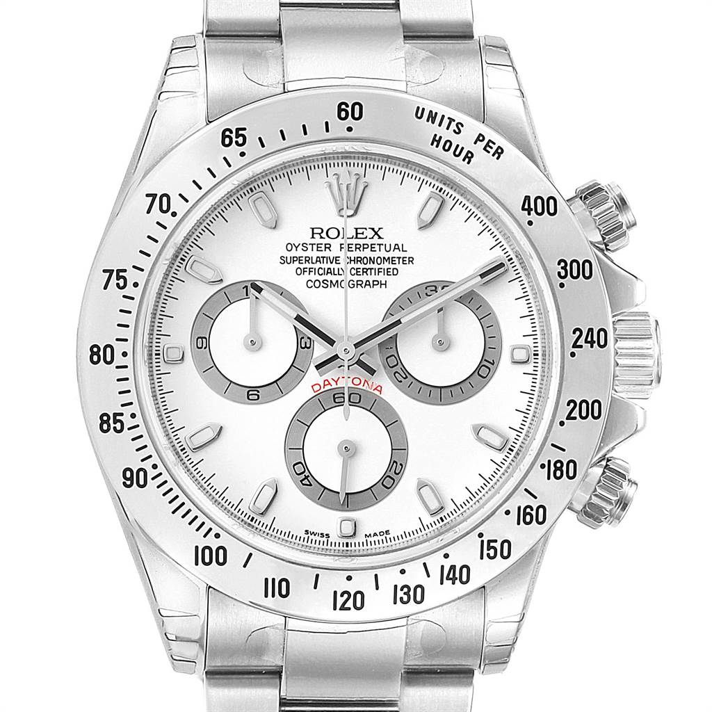 This image shows a front view of the Rolex Daytona 116520 Men's Stainless Steel White Dial 116520 Men's Stainless Steel White Dial watch, displaying its bezel, dial, and subdials.