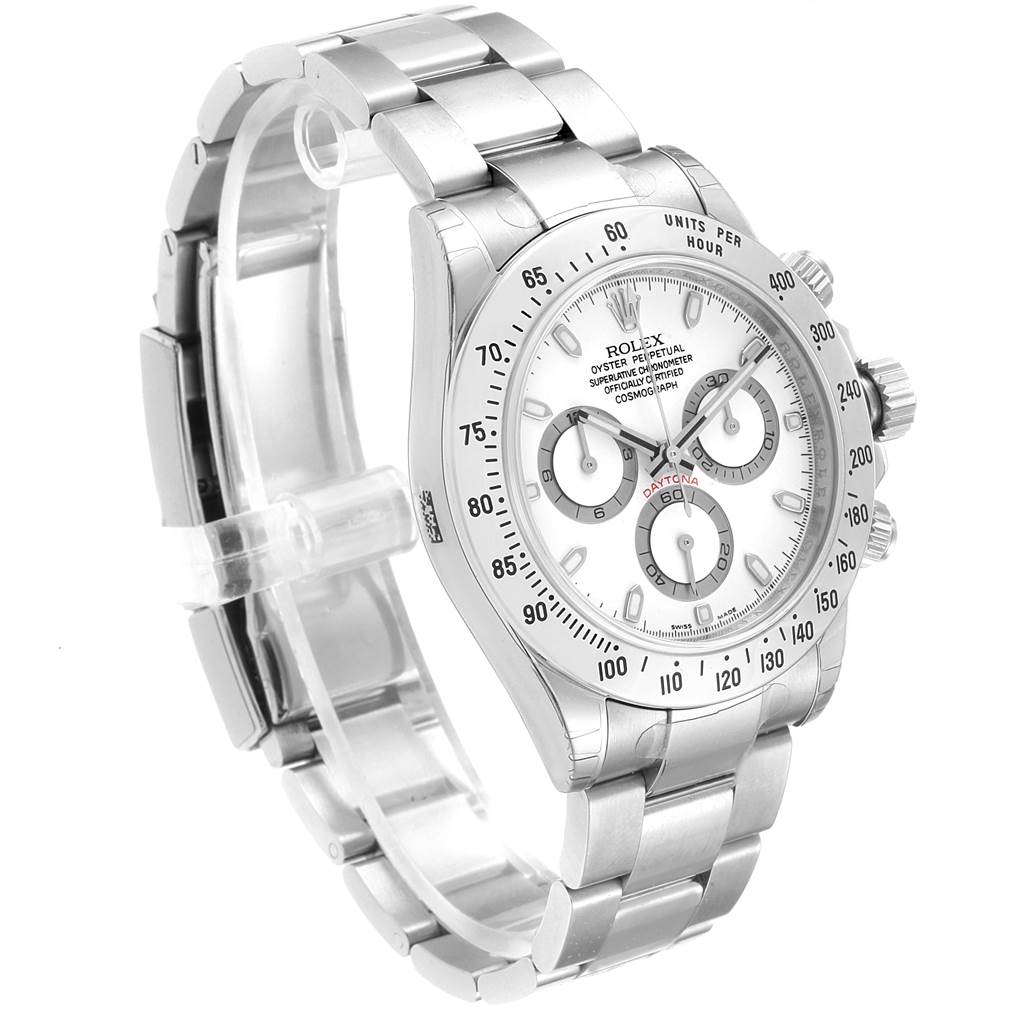 This image shows a Rolex Daytona 116520 Men's Stainless Steel White Dial 116520 Men's Stainless Steel White Dial watch at an angle highlighting its face, bracelet, and side pushers.