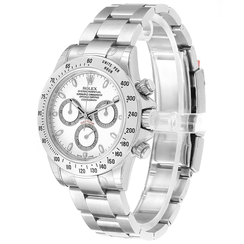 The Rolex Daytona 116520 Men's Stainless Steel White Dial 116520 Men's Stainless Steel White Dial watch is shown at a front-right angle, displaying its face, bezel, chronograph, and stainless steel bracelet.