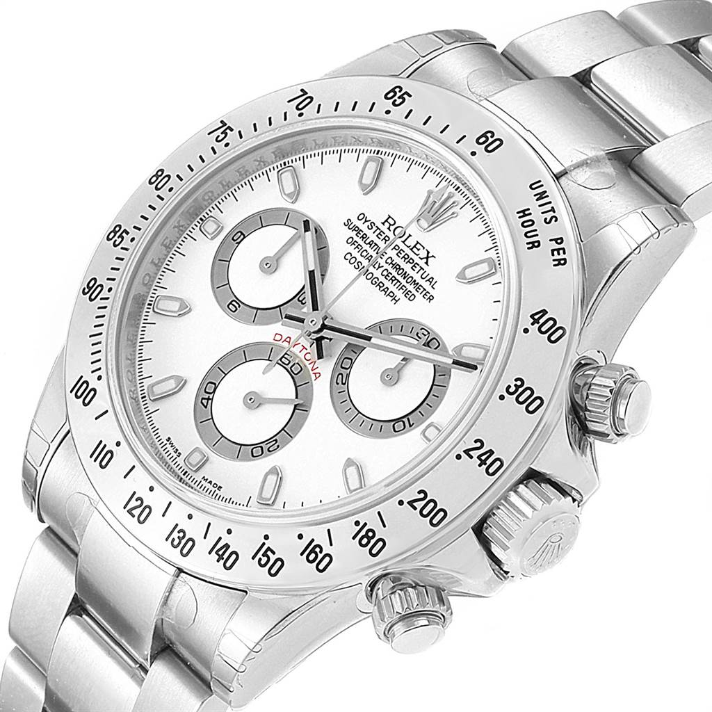 The image shows a frontal angle of a Rolex Daytona 116520 Men's Stainless Steel White Dial 116520 Men's Stainless Steel White Dial watch, featuring its face, bezel, and part of the bracelet.