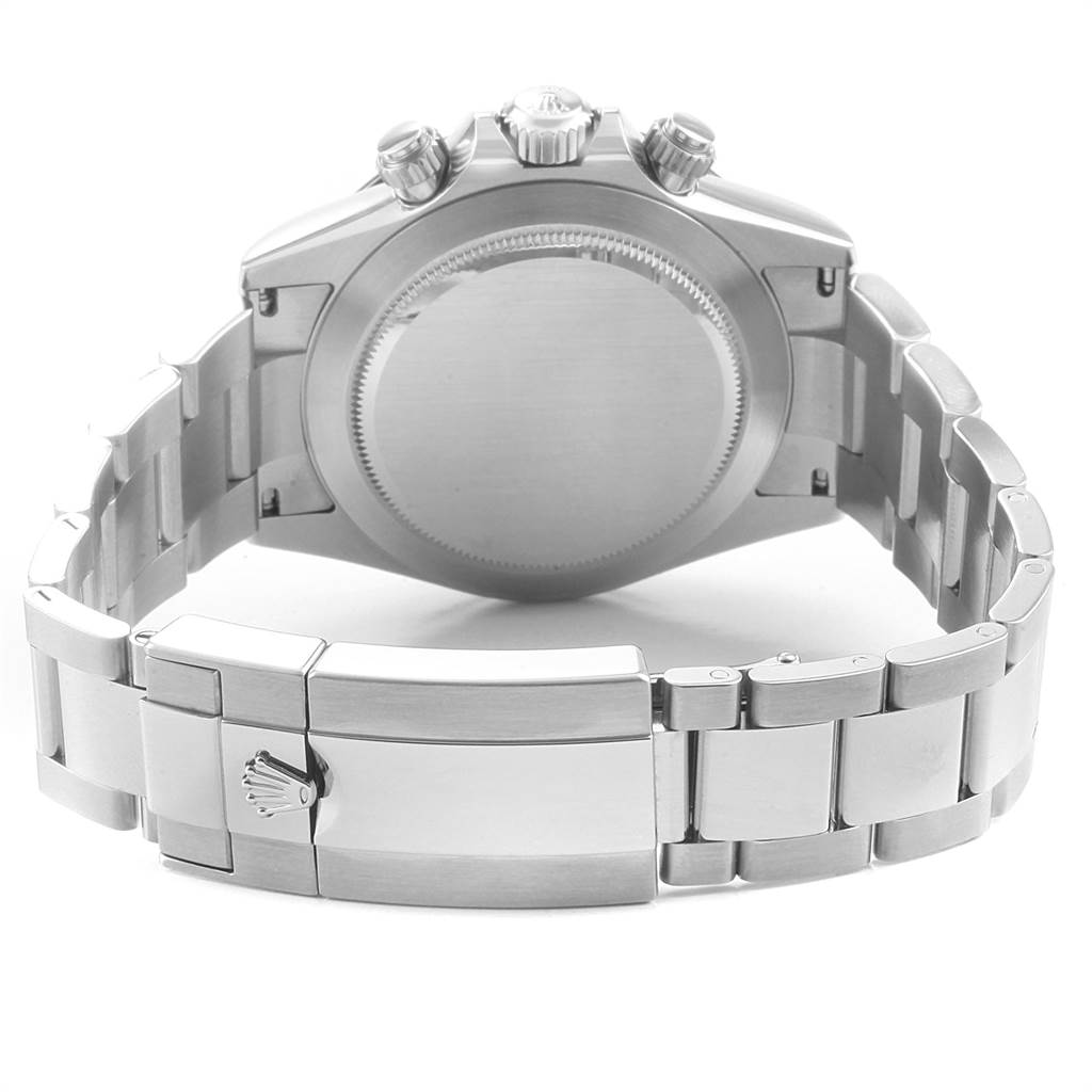 The image shows the back view of a Rolex Daytona 116500 Men's Stainless Steel Black Dial 116500 Men's Stainless Steel Black Dial, highlighting the case back, bracelet, and clasp.