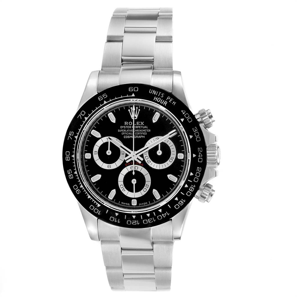 This image shows a front view of a Rolex Daytona 116500 Men's Stainless Steel Black Dial 116500 Men's Stainless Steel Black Dial watch, displaying its stainless steel bracelet, black dial, and chronograph sub-dials.