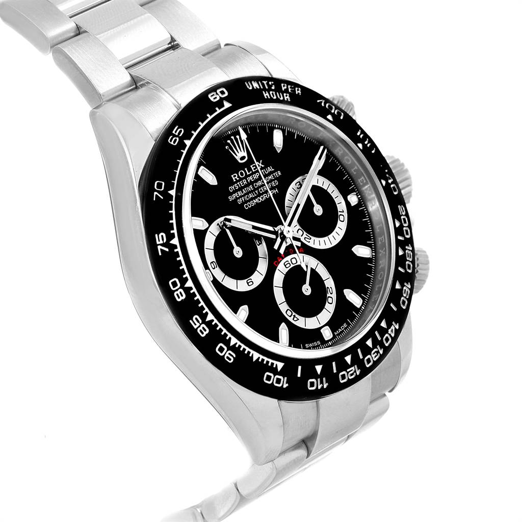 The image shows a Rolex Daytona 116500 Men's Stainless Steel Black Dial 116500 Men's Stainless Steel Black Dial watch at an oblique angle, highlighting its black dial, tachymeter bezel, and part of the bracelet.