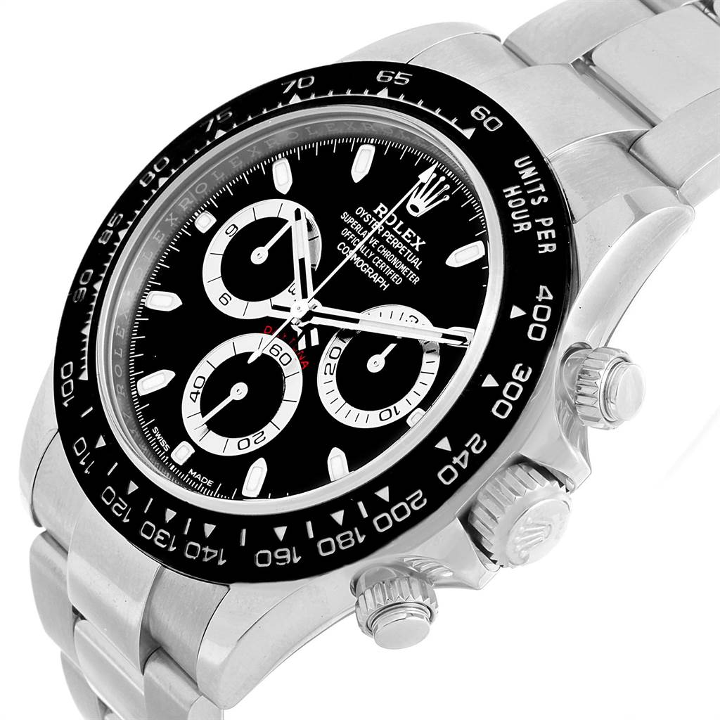The image shows a Rolex Daytona 116500 Men's Stainless Steel Black Dial 116500 Men's Stainless Steel Black Dial watch, angled to display the face, bezel, and part of the stainless steel bracelet.