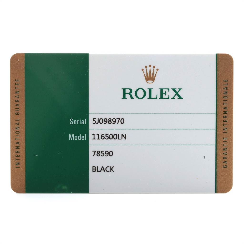 This image shows a Rolex Daytona 116500 Men's Stainless Steel Black Dial 116500 Men's Stainless Steel Black Dial model warranty card detailing the serial number, model number, and other specifics.