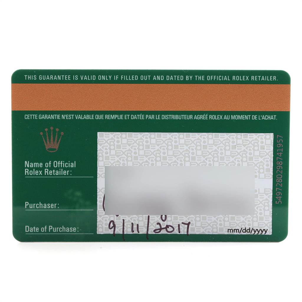 This image shows the warranty card for the Rolex Daytona 116500 Men's Stainless Steel Black Dial 116500 Men's Stainless Steel Black Dial watch, including the official retailer, purchaser, and date of purchase details.