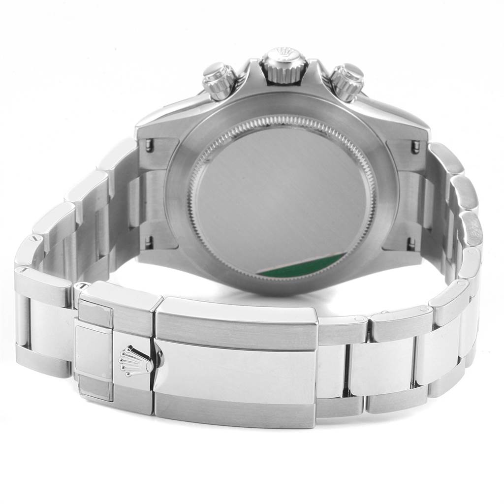 This image shows the back view of a Rolex Daytona 116500 Men's Stainless Steel Black Dial 116500 Men's Stainless Steel Black Dial watch, highlighting its clasp and caseback.