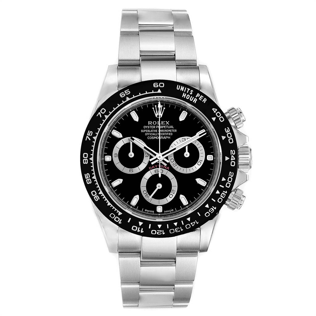 The image shows a front view of a Rolex Daytona 116500 Men's Stainless Steel Black Dial 116500 Men's Stainless Steel Black Dial watch, displaying the dial, bezel, pushers, and bracelet.