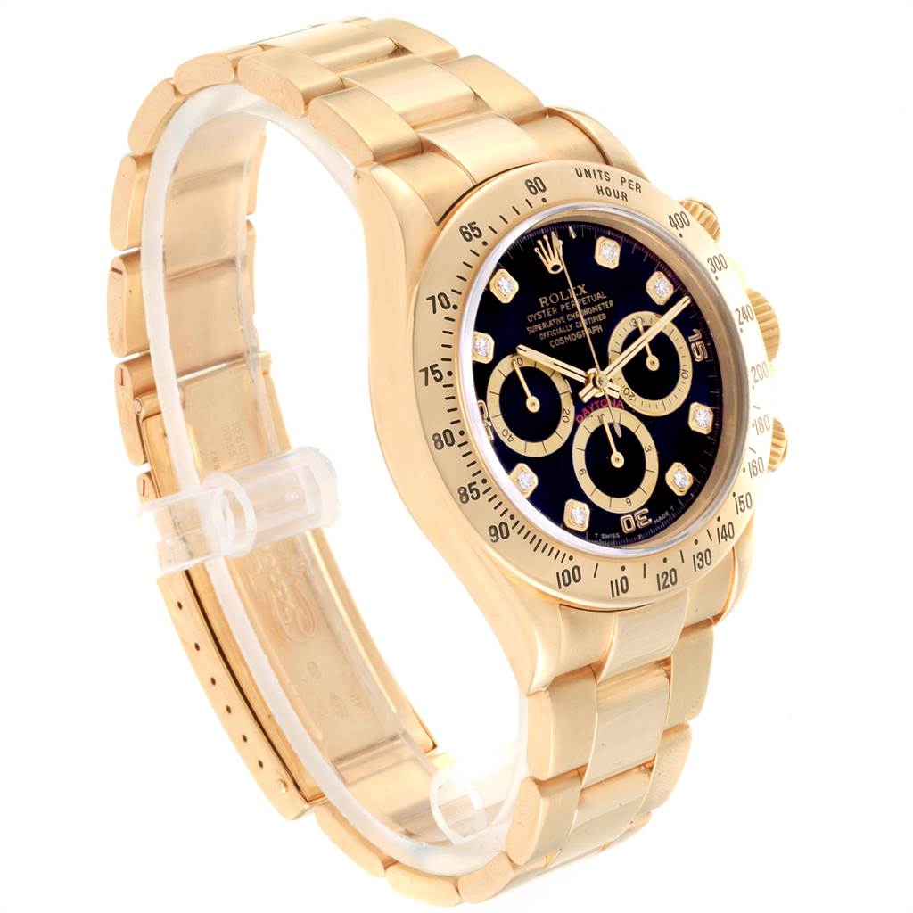 This image shows a side and front angle of a Rolex Daytona 16528 Men's Yellow Gold Black Dial 16528 Men's Yellow Gold Black Dial watch, highlighting its gold bracelet, bezel, and black dial.