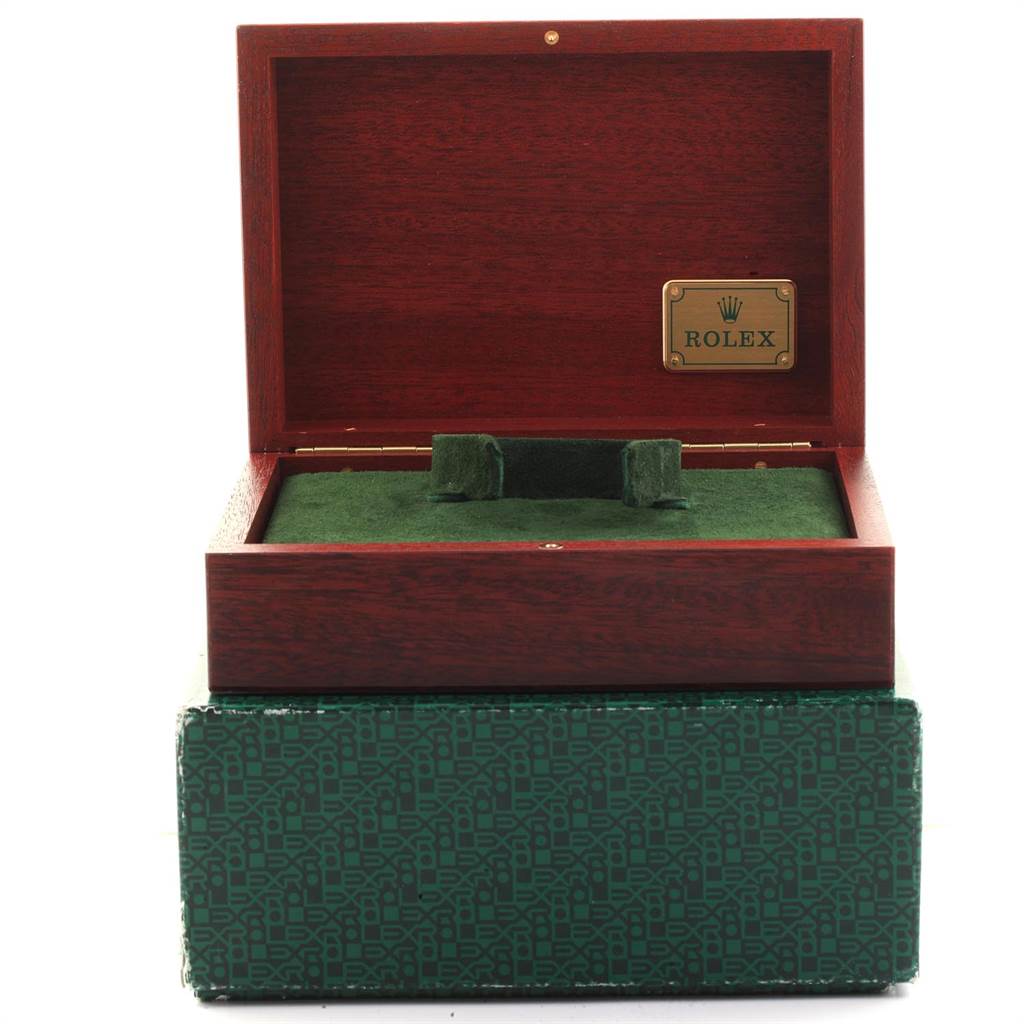 The image shows an empty open wooden box designed for a Rolex Daytona 16528 Men's Yellow Gold Black Dial 16528 Men's Yellow Gold Black Dial watch, with a green velvet interior and a closed green outer box.