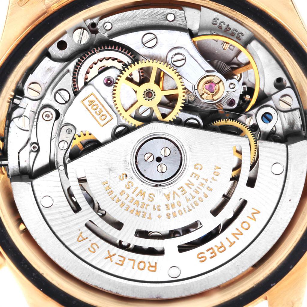 This image shows the movement mechanism of a Rolex Daytona 16528 Men's Yellow Gold Black Dial 16528 Men's Yellow Gold Black Dial watch, viewed from the back.