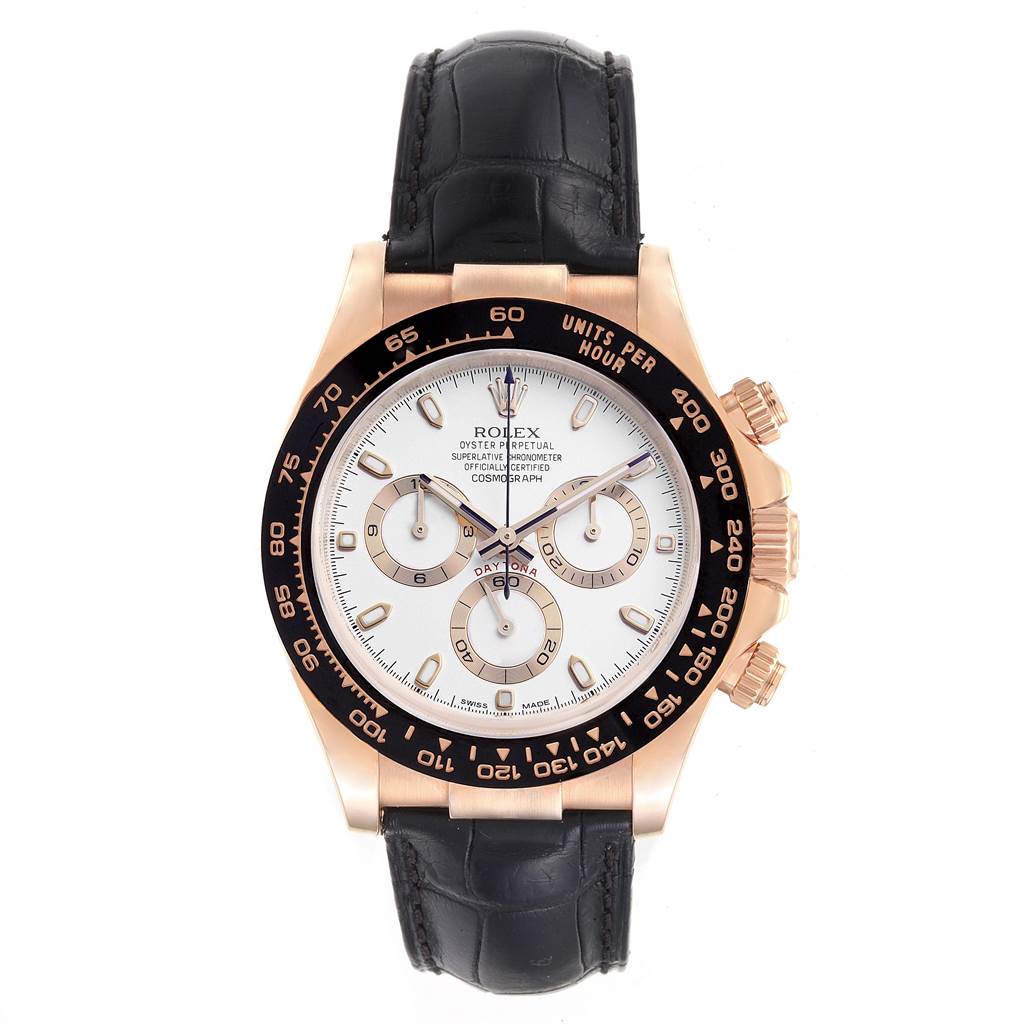 This image shows a frontal view of a Rolex Daytona 116515LN Men's Rose Gold Silver Dial 116515LN Men's Rose Gold Silver Dial watch with a white dial, black bezel, and black leather strap.