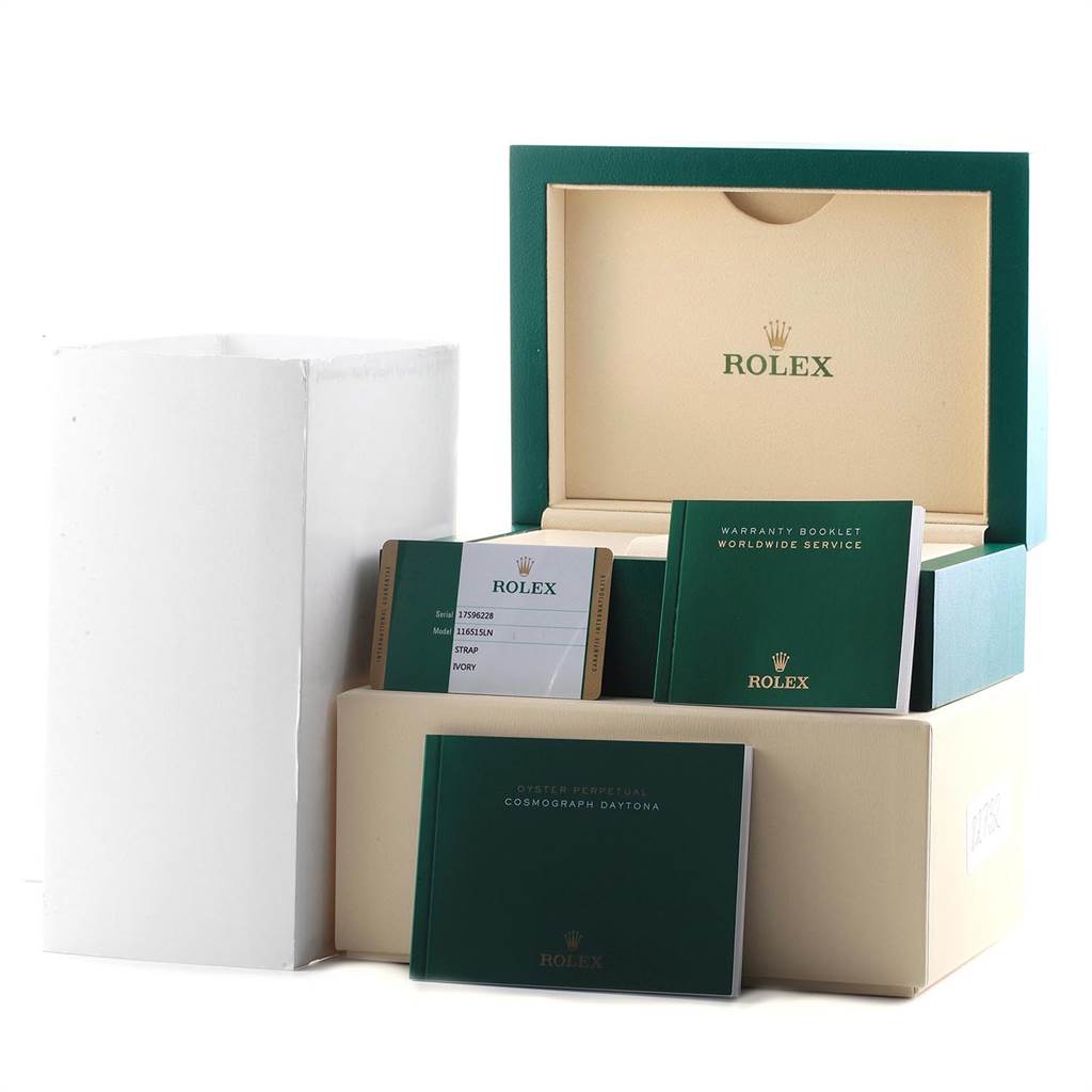 This image shows the packaging, warranty booklet, and documentation for a Rolex Daytona 116515LN Men's Rose Gold Silver Dial 116515LN Men's Rose Gold Silver Dial watch.