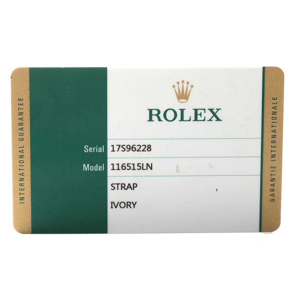 This image shows a guarantee card for the Rolex Daytona 116515LN Men's Rose Gold Silver Dial 116515LN Men's Rose Gold Silver Dial model 116515LN, detailing the serial number and strap color (ivory).