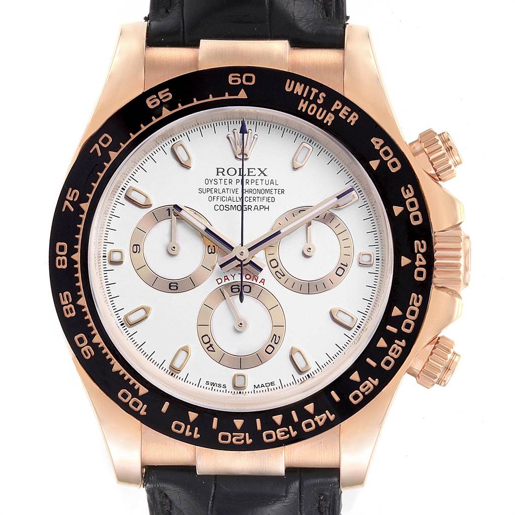 This image shows a front view of the Rolex Daytona 116515LN Men's Rose Gold Silver Dial 116515LN Men's Rose Gold Silver Dial watch, including its face, bezel, and part of the crown.