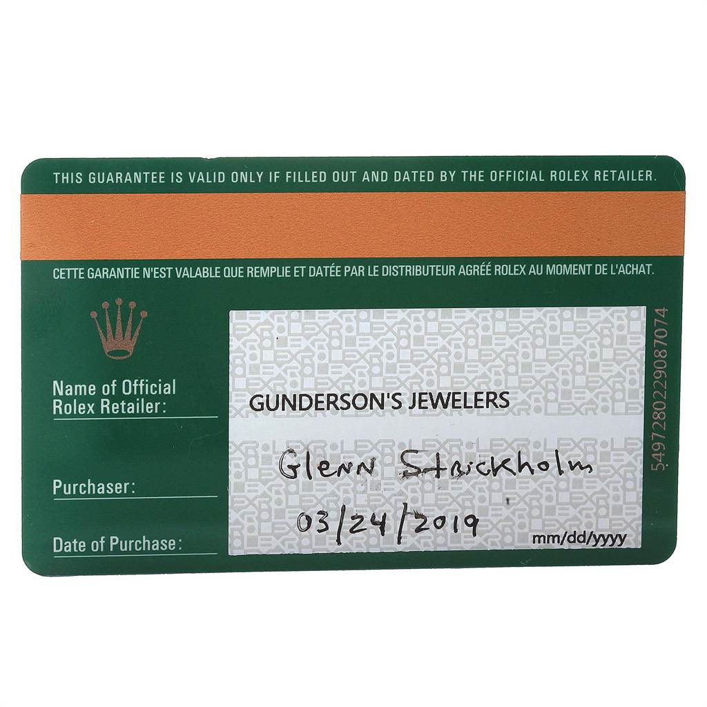 This is a warranty card for the Rolex Daytona 116515LN Men's Rose Gold Silver Dial 116515LN Men's Rose Gold Silver Dial model, detailing the official retailer, purchaser, and purchase date.