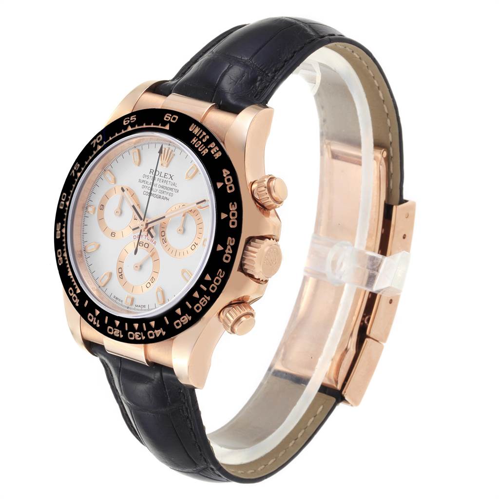 The Rolex Daytona 116515LN Men's Rose Gold Silver Dial 116515LN Men's Rose Gold Silver Dial watch is shown at an angle, highlighting the bezel, dial, chronograph subdials, and leather strap.