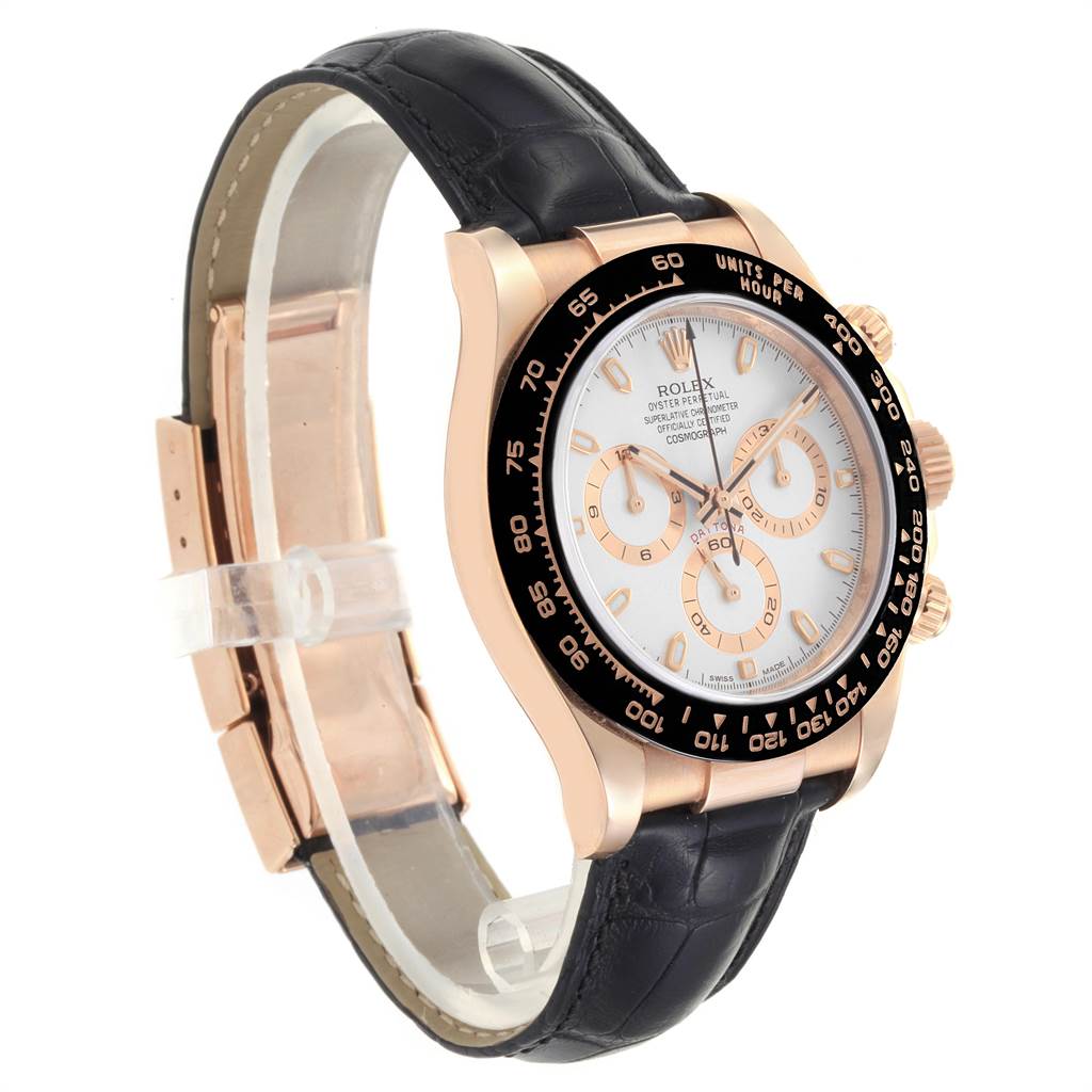 The image shows a side and partially front-angled view of a Rolex Daytona 116515LN Men's Rose Gold Silver Dial 116515LN Men's Rose Gold Silver Dial watch with a black leather strap.