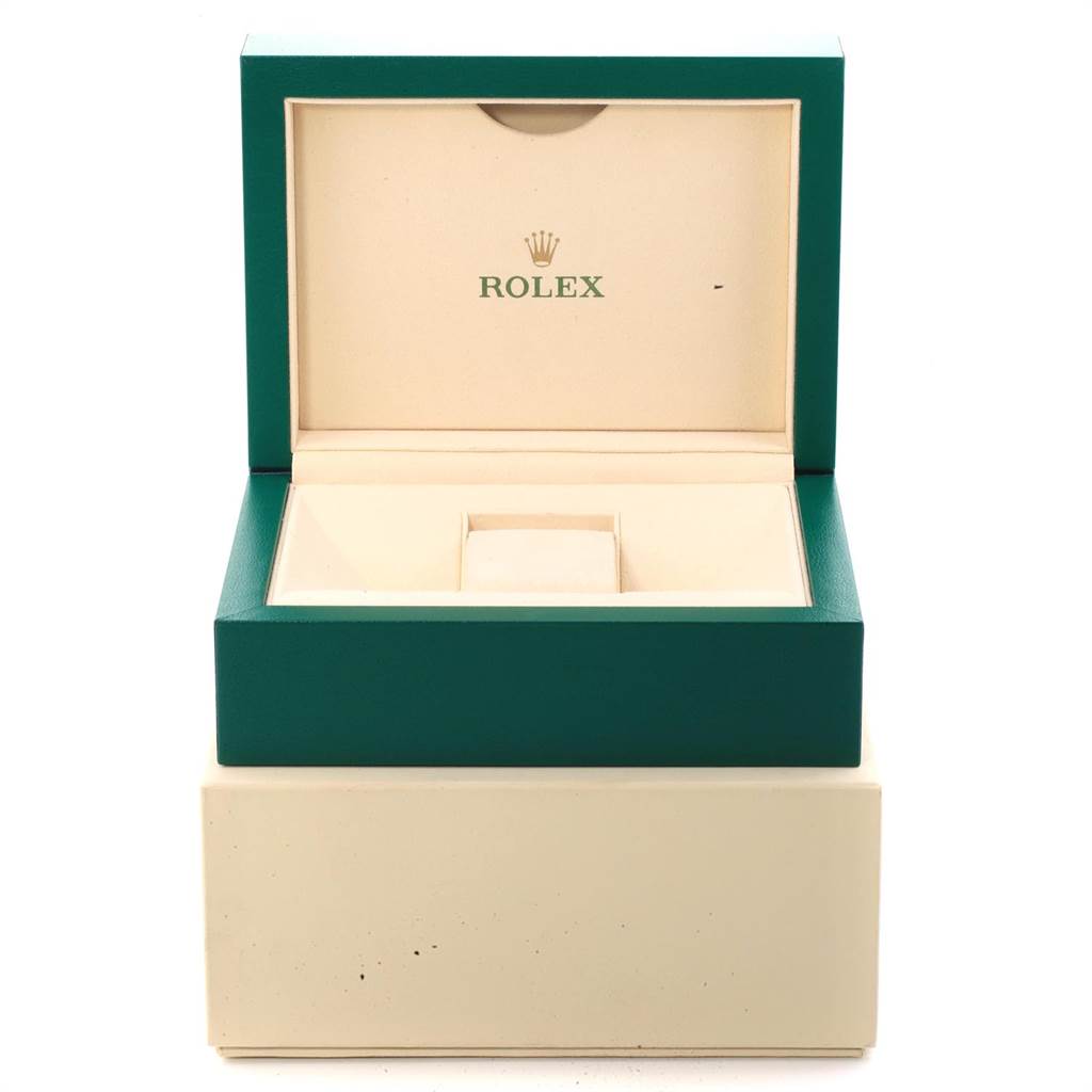 This image shows an open Rolex Daytona 116500 Men's Stainless Steel Black Dial 116500 Men's Stainless Steel Black Dial watch box from a front angle.