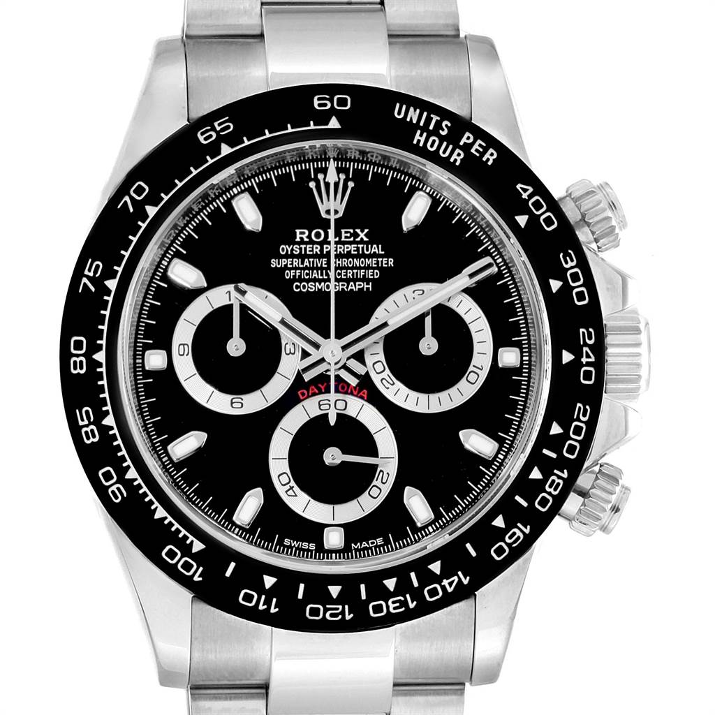 This image shows the front angle of a Rolex Daytona 116500 Men's Stainless Steel Black Dial 116500 Men's Stainless Steel Black Dial watch, highlighting its black dial, subdials, bezel, and bracelet.