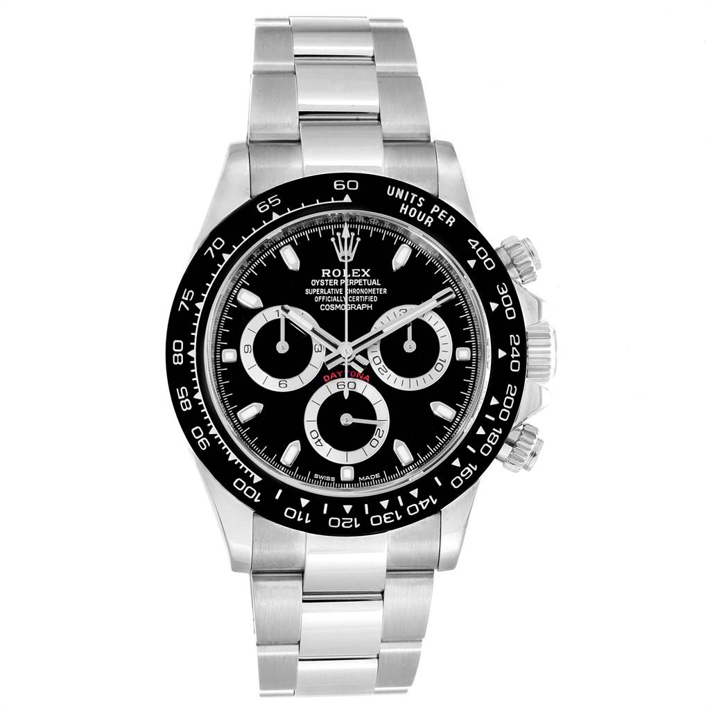 This image shows a frontal view of a Rolex Daytona 116500 Men's Stainless Steel Black Dial 116500 Men's Stainless Steel Black Dial watch, displaying its dial, bezel, bracelet, and chronograph buttons.