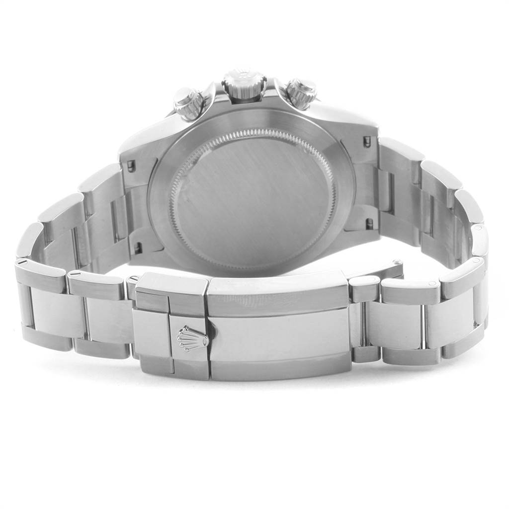 The image shows the back case and deployment clasp of a Rolex Daytona 116500 Men's Stainless Steel Black Dial 116500 Men's Stainless Steel Black Dial watch, viewed from a rear angle.