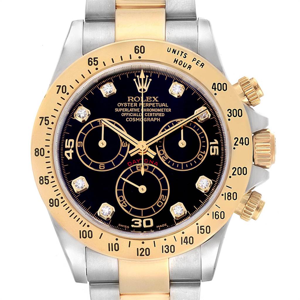 This image shows a frontal view of a Rolex Daytona 116523 Men
s Steel and Gold (two tone) Black Dial 116523 Men
s Steel and Gold (two tone) Black Dial watch, displaying its dial, bezel, and crown.