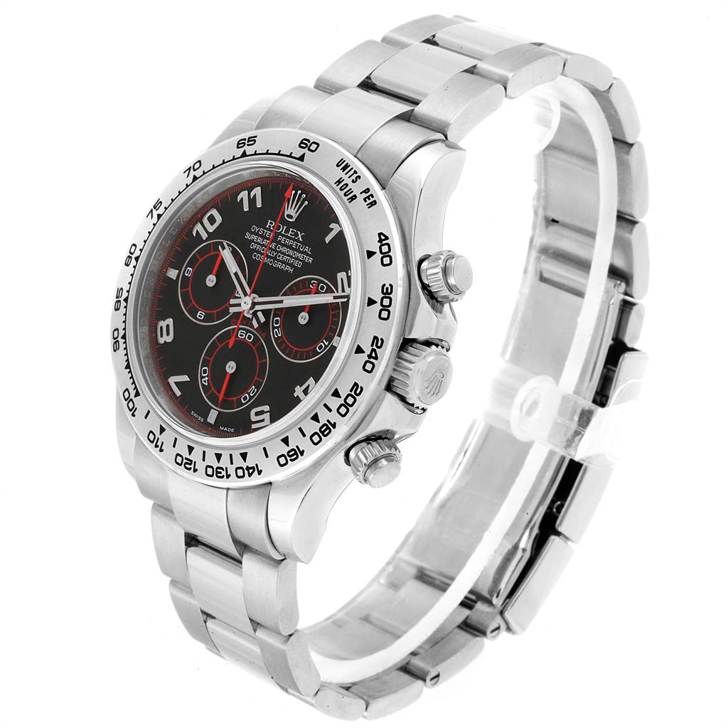 The Rolex Daytona 116509 Men's White Gold Black Dial 116509 Men's White Gold Black Dial watch is shown at a three-quarter angle, displaying the face, crown, and stainless steel bracelet.