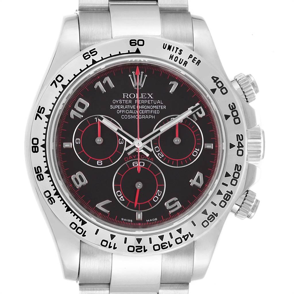 The image shows a frontal view of a Rolex Daytona 116509 Men's White Gold Black Dial 116509 Men's White Gold Black Dial watch, highlighting the dial, bezel, and chronograph subdials.
