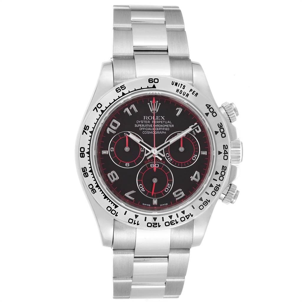 The image shows a frontal view of the Rolex Daytona 116509 Men's White Gold Black Dial 116509 Men's White Gold Black Dial watch, highlighting its dial, bezel, and bracelet.