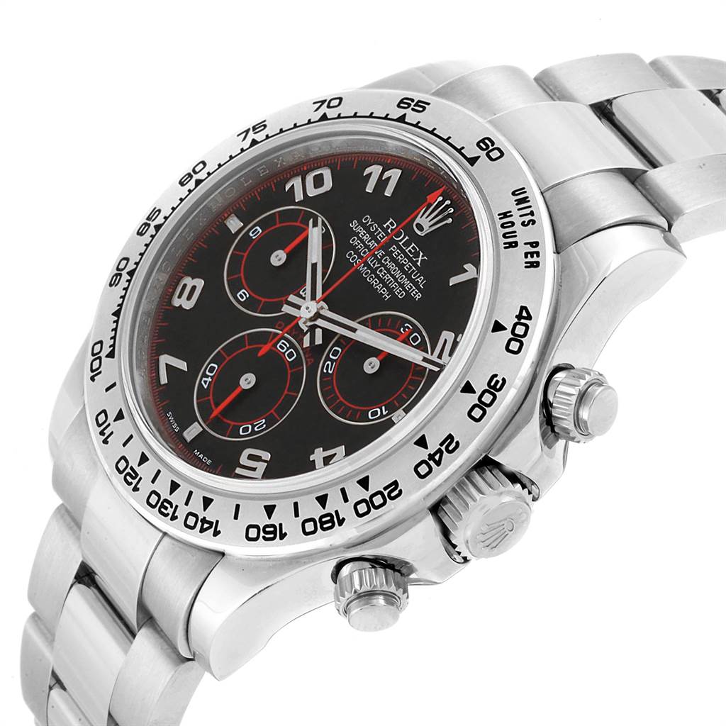 The image shows a Rolex Daytona 116509 Men's White Gold Black Dial 116509 Men's White Gold Black Dial model watch from an angled side view, highlighting the dial, crown, and stainless steel bracelet.