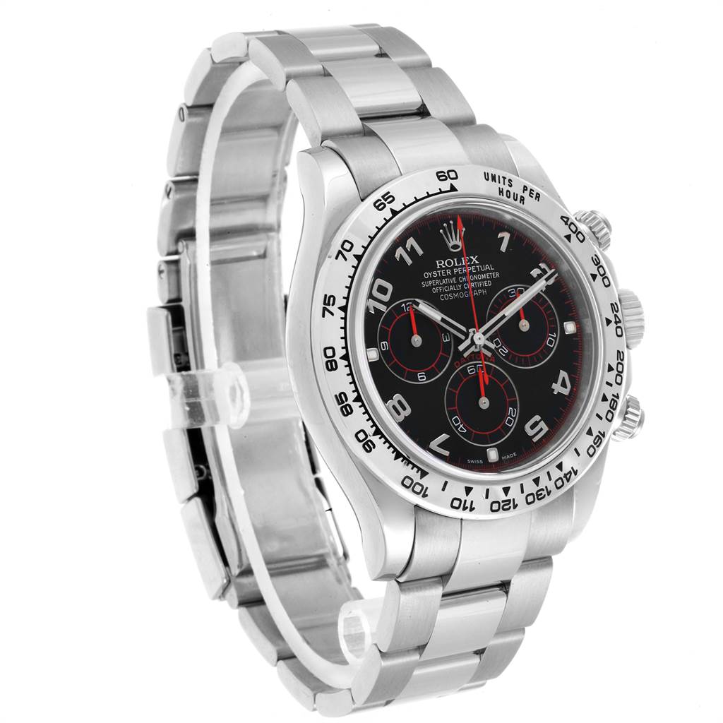 The image shows a side angle of a Rolex Daytona 116509 Men's White Gold Black Dial 116509 Men's White Gold Black Dial watch, highlighting its stainless steel bracelet and black dial.