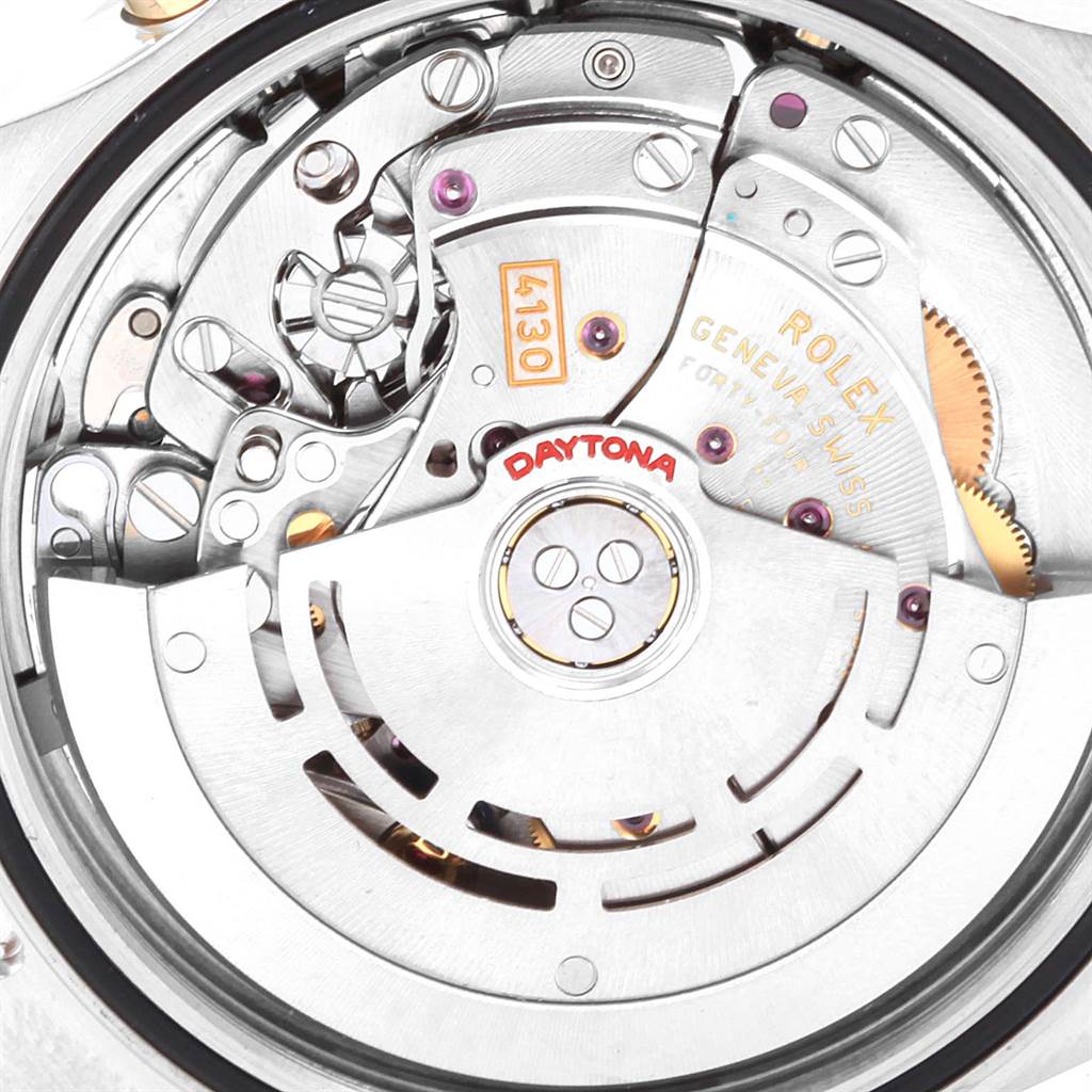 The image shows the movement mechanism of a Rolex Daytona 116523 Men's Steel and Gold (two tone) Mother of Pearl Dial 116523 Men's Steel and Gold (two tone) Mother of Pearl Dial watch viewed from the back.