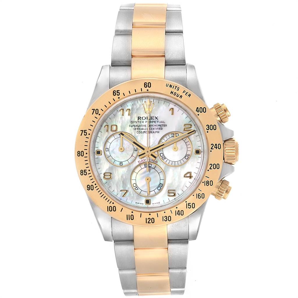 This image shows a frontal view of the Rolex Daytona 116523 Men's Steel and Gold (two tone) Mother of Pearl Dial 116523 Men's Steel and Gold (two tone) Mother of Pearl Dial watch, displaying the dial, bezel, chronograph subdials, and bracelet.
