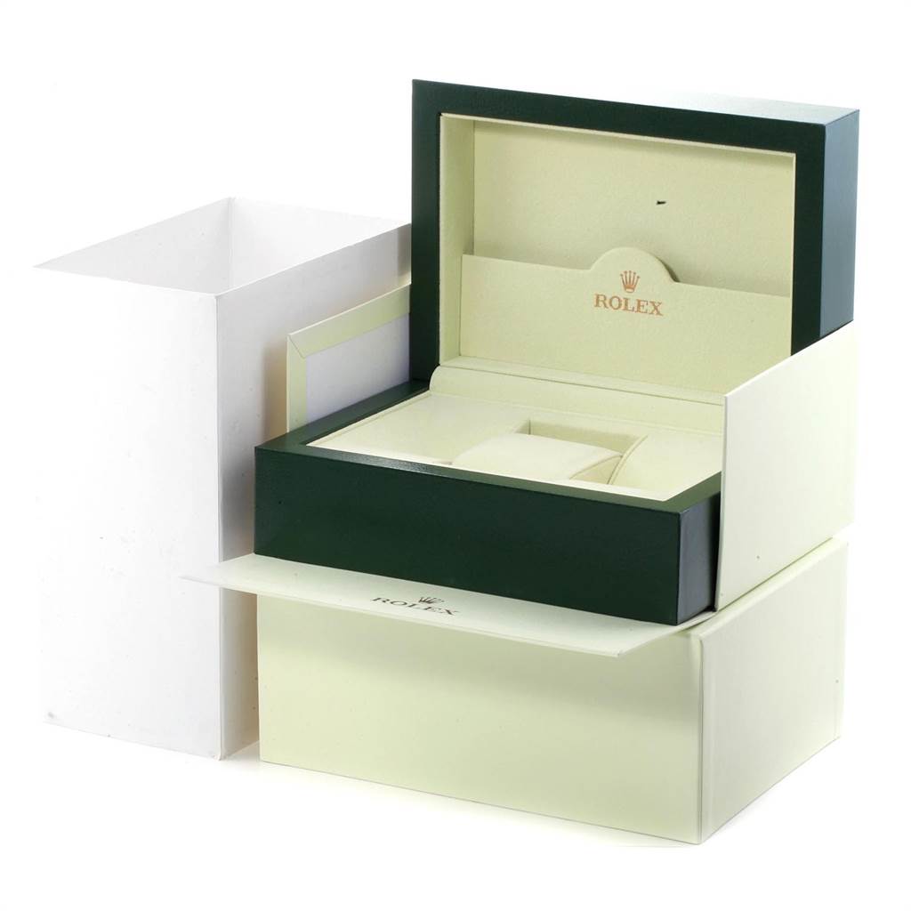 The image shows the open packaging of a Rolex Daytona 116523 Men's Steel and Gold (two tone) Mother of Pearl Dial 116523 Men's Steel and Gold (two tone) Mother of Pearl Dial watch, including the inner and outer boxes with the Rolex logo.