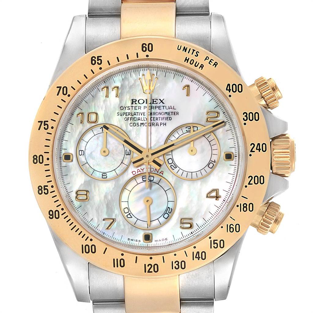 This image shows a front view of the Rolex Daytona 116523 Men's Steel and Gold (two tone) Mother of Pearl Dial 116523 Men's Steel and Gold (two tone) Mother of Pearl Dial watch, displaying its dial, bezel, and bracelet.