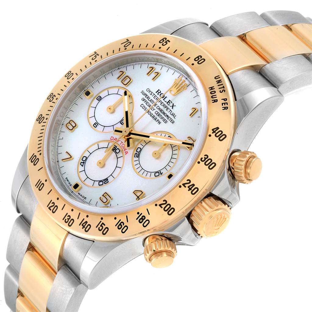 The image shows a Rolex Daytona 116523 Men's Steel and Gold (two tone) Mother of Pearl Dial 116523 Men's Steel and Gold (two tone) Mother of Pearl Dial watch at an angled view, highlighting the bezel, dial, and crown.