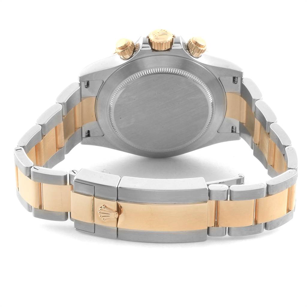 The image shows the back case, bracelet, and clasp of a Rolex Daytona 116523 Men's Steel and Gold (two tone) Mother of Pearl Dial 116523 Men's Steel and Gold (two tone) Mother of Pearl Dial watch, viewed from the rear.