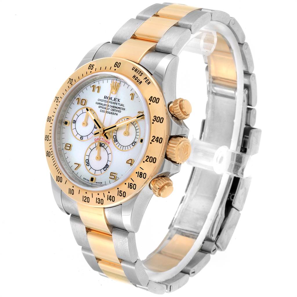 This image shows a Rolex Daytona 116523 Men's Steel and Gold (two tone) Mother of Pearl Dial 116523 Men's Steel and Gold (two tone) Mother of Pearl Dial watch angled to display its face, band, crown, and pushers.