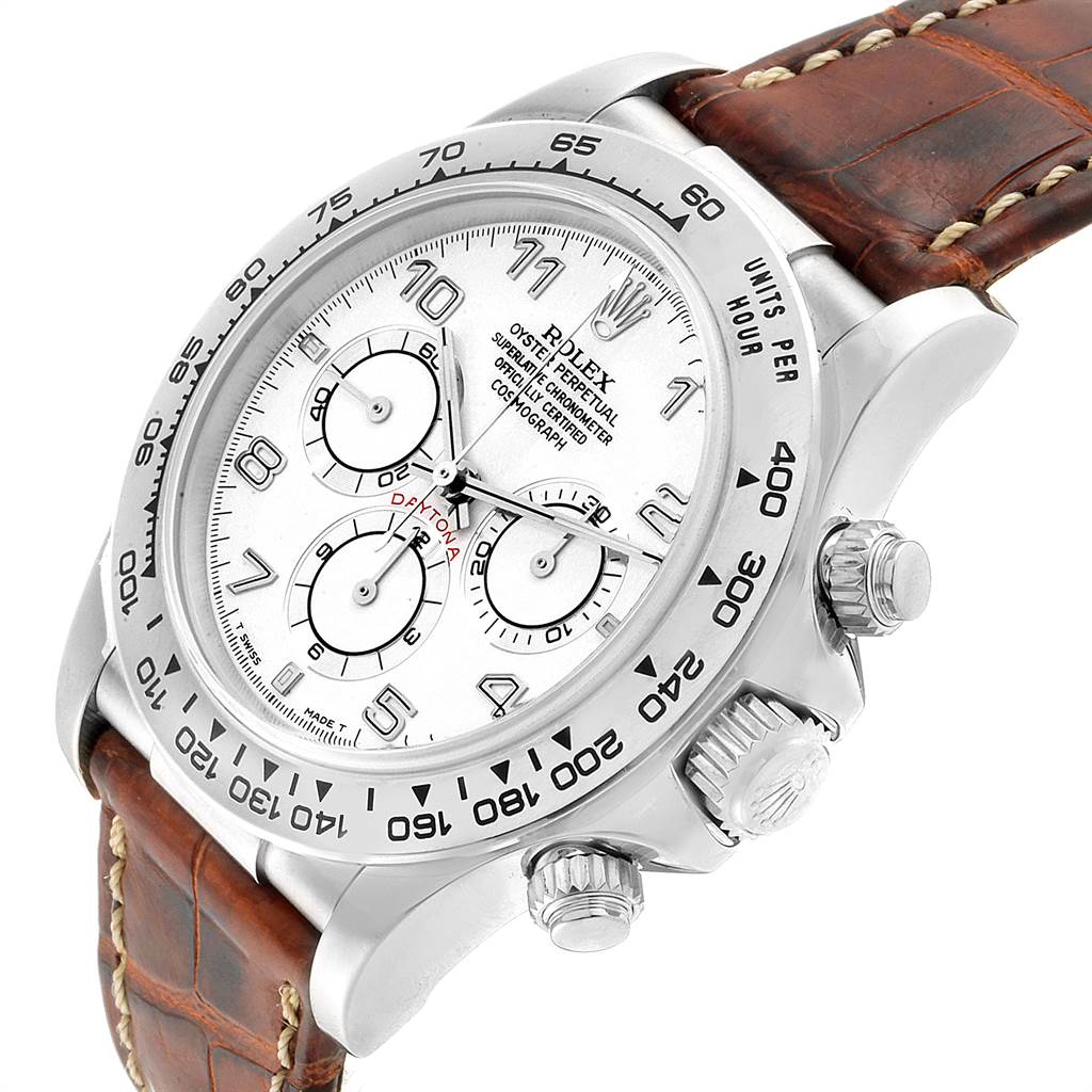 This image shows a close-up of the Rolex Daytona 16519 Men
s White Gold White Dial 16519 Men
s White Gold White Dial watch at a 3/4 angle, highlighting the dial, bezel, and crown.